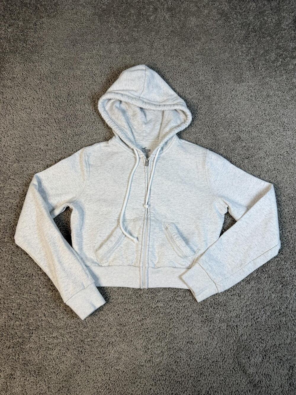 Hollister Hoodie Womens XS Gray Cropped Full Zip Hooded Lined Fleece Pockets
